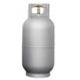 A silver propane tank with yellow cap and handle.