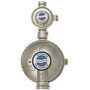 A gas regulator with two valves attached to it.
