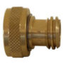 A brass garden hose connector with two different types of thread.