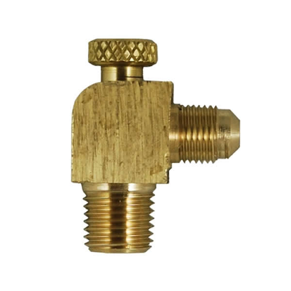A brass valve is shown with the handle on it.