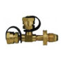 A brass valve with two black handles on the side.