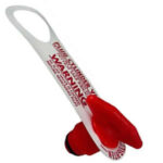 A red and white bottle opener with the words " warning !" written on it.